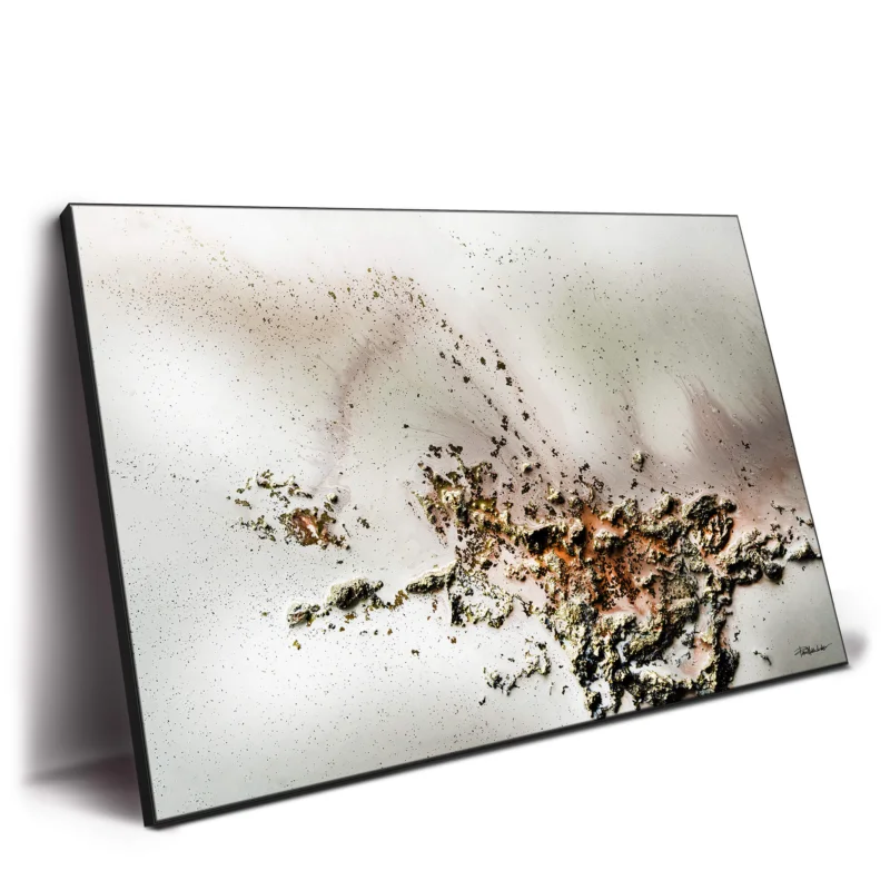 Abstract artwork with textured gold, bronze, and earthy tones against a soft, neutral background.