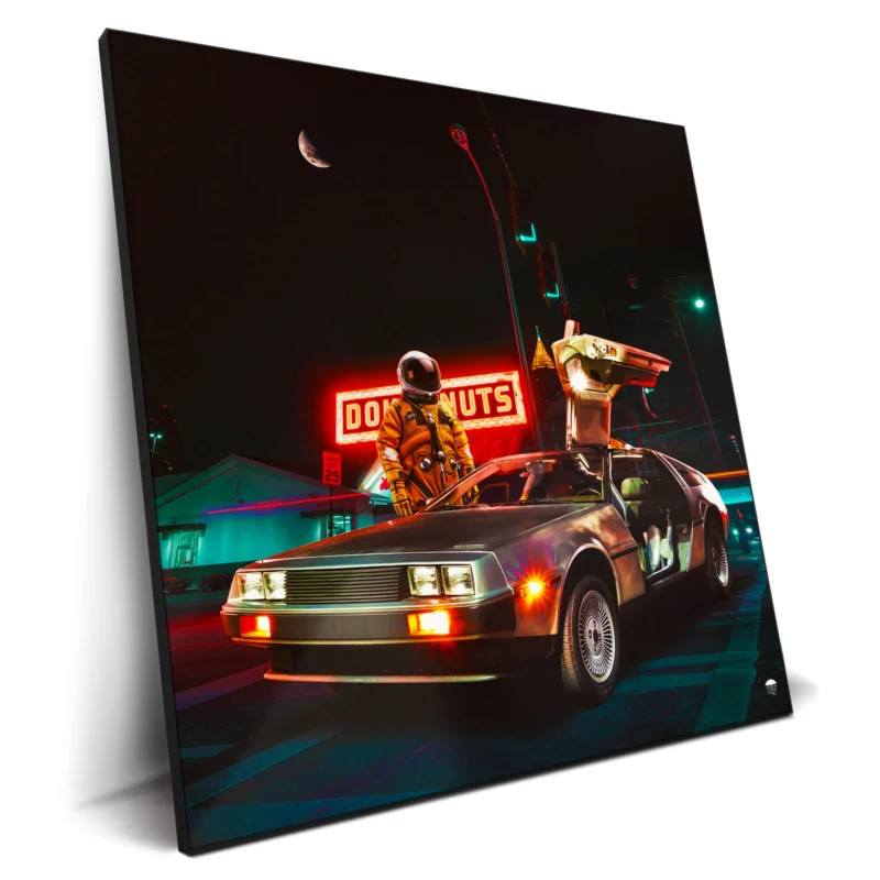 A futuristic art piece featuring an astronaut standing next to a retro DeLorean, with a neon-lit diner in the background.